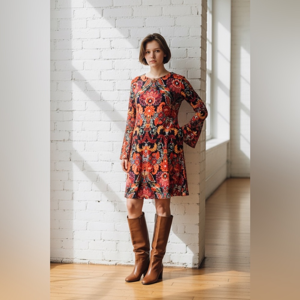 MSK Vibrant Floral Long Bell Sleeve Dress Size Petite Large